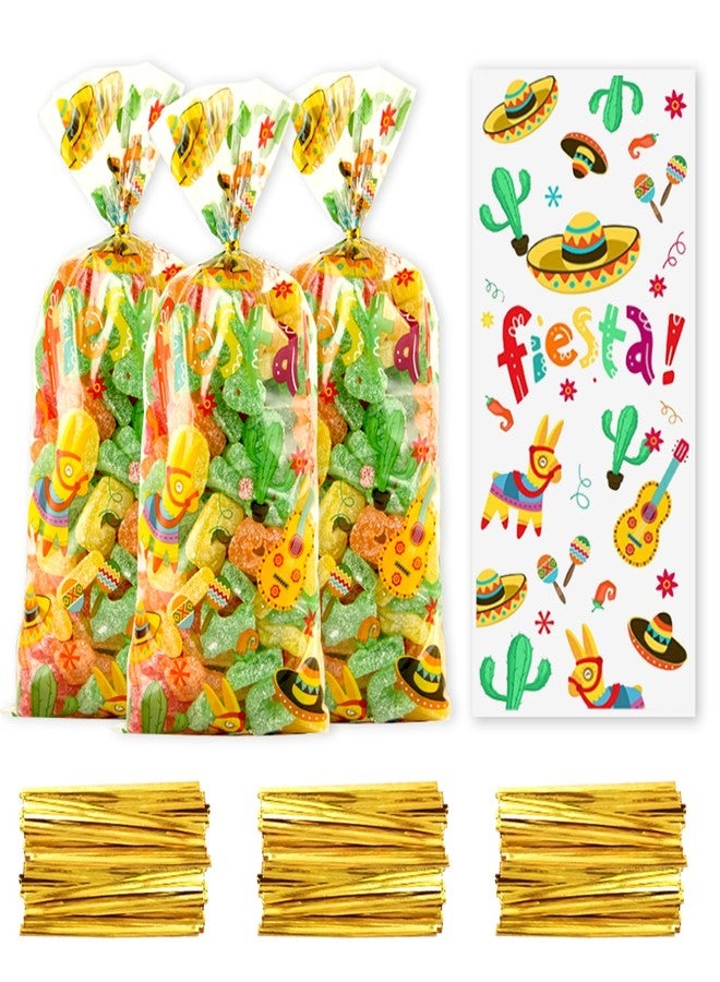 ABTOLS 100PCS Mexican Cellophane Treat Bags, Mexican Fiesta Cellophane Bags Plastic Cinco de Mayo Gift Cello Bags Mexican Party Favor Candy Bags with Twist Ties for Fiesta Mexico Party Supplies - Image 1